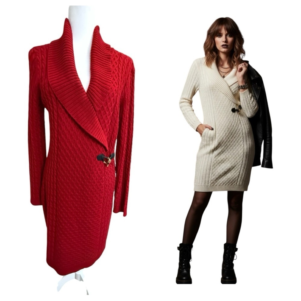Calvin Klein Red Cable Knit Sweater Dress W’s L Fitted Toggle Shawl Collar Cozy